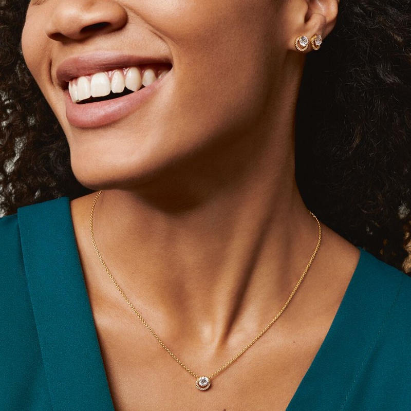 Pandora Sparkling Round Halo Jewelry Gift Set Halsketten- Und Ohrring-sets Gold | VTPZYOX-96