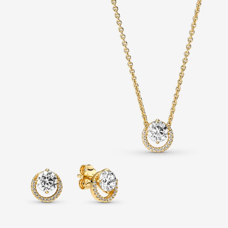 Pandora Sparkling Round Halo Jewelry Gift Set Halsketten- Und Ohrring-sets Gold | VTPZYOX-96